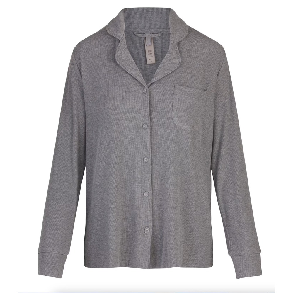 SKIMS Soft Lounge Sleep Shirt Heather Gray Long Sleeve Button Up Ribbed Size XL - Picture 1 of 8